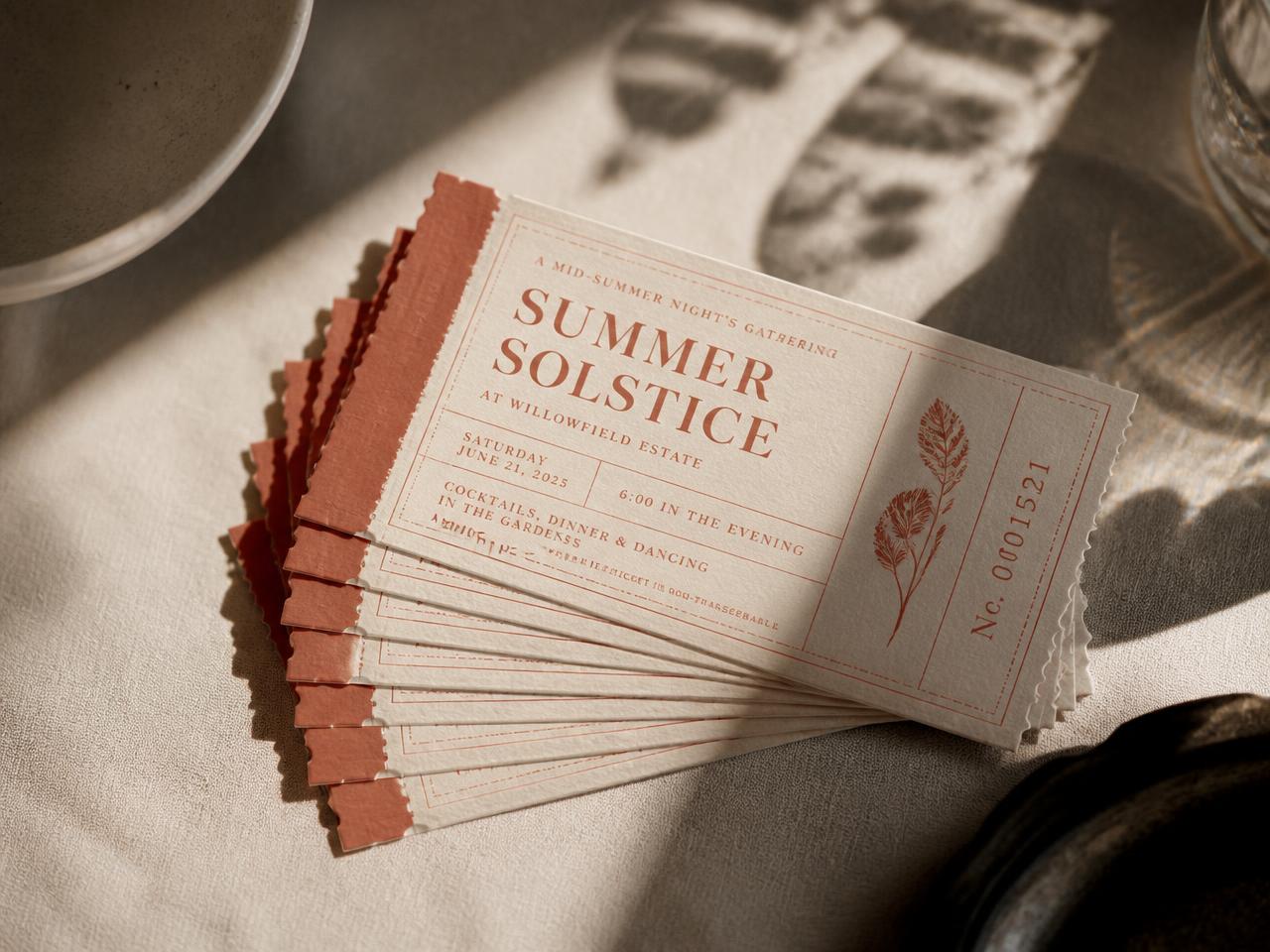 A fanned stack of letterpress event passes on warm linen